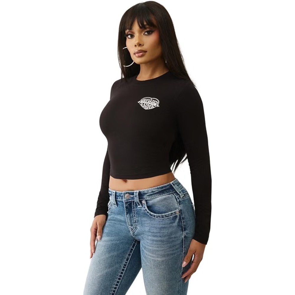 True Religion Short Sleeve Heritage Baby Tee Black Double-Sided Crop Top NEW!